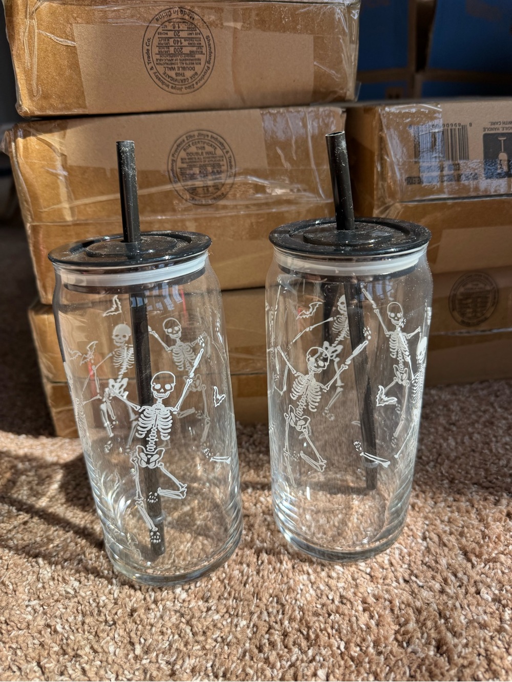 Clear Glass Tumbler with Black Lid & Skeleton Design - Home Kitchen set of 12
